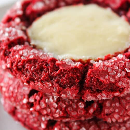 Red Velvet Cheesecake Cookies with a Cake Mix Recipe featured by top US cookies blog, Practically Homemade