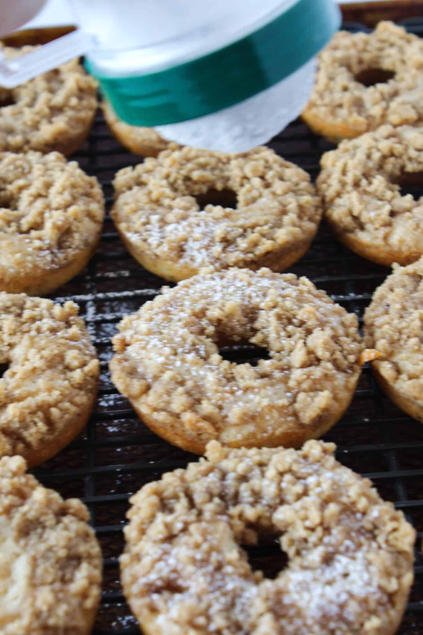Easy Cinnamon Crumb Donut Recipe Made with a Pancake Mix featured by top US dessert blog, Practically Homemade