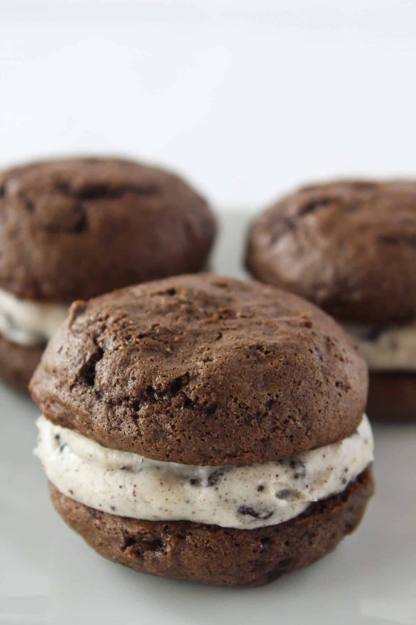 3 easy oreo whoopies pies on a white plate.