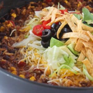 Ground Beef Enchilada Skillet recipe featured by top US food blog, Practically Homemade