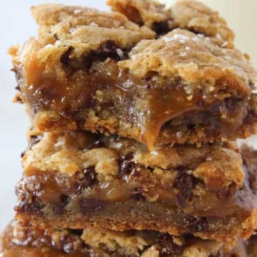 Salted Caramel Chocolate Chip Cookie Bars recipe featured by top US cookie blog, Practically Homemade