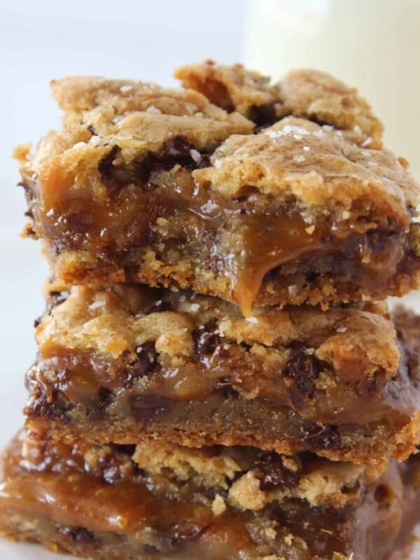 Salted Caramel Chocolate Chip Cookie Bars recipe featured by top US cookie blog, Practically Homemade