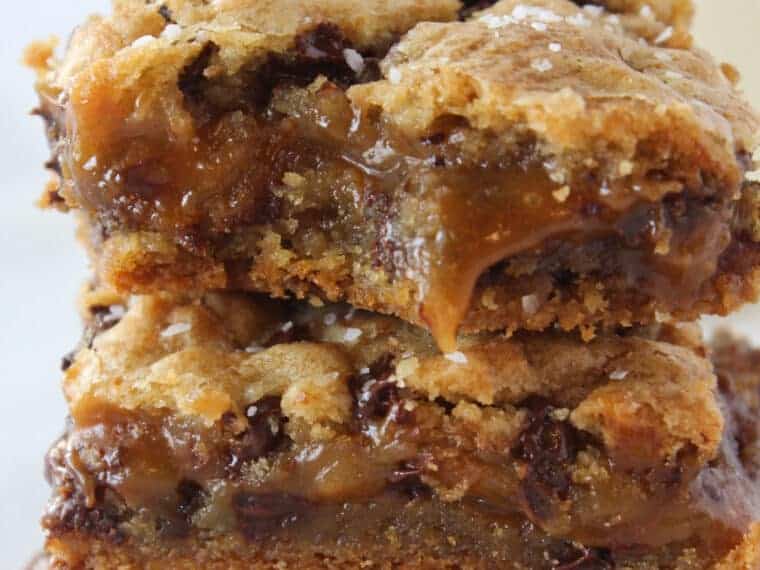 Salted Caramel Chocolate Chip Cookie Bars recipe featured by top US cookie blog, Practically Homemade