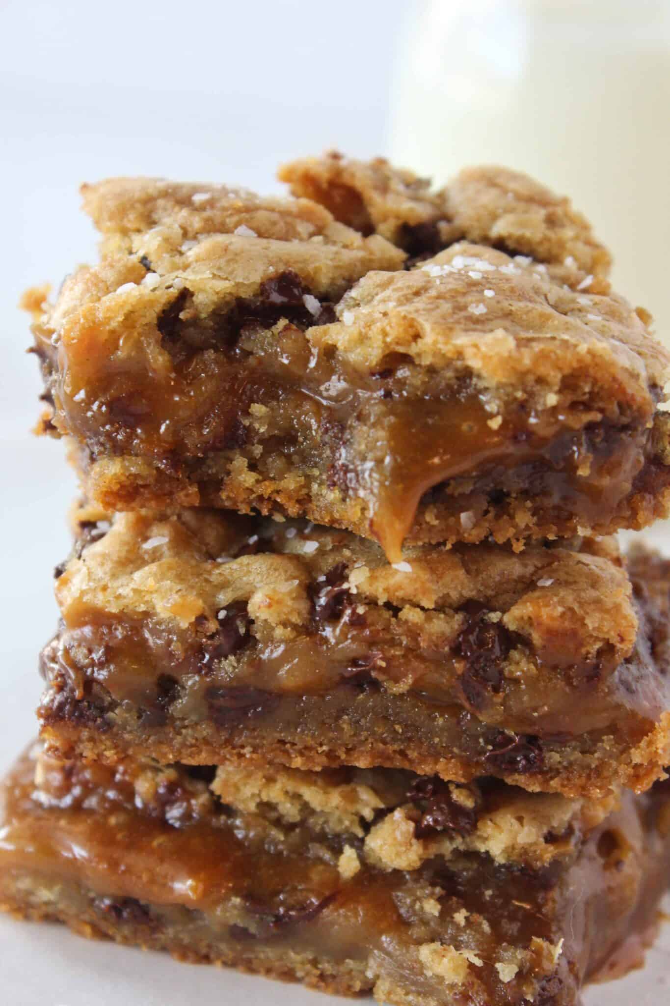Salted Caramel Chocolate Chip Cookie Bars recipe featured by top US cookie blog, Practically Homemade