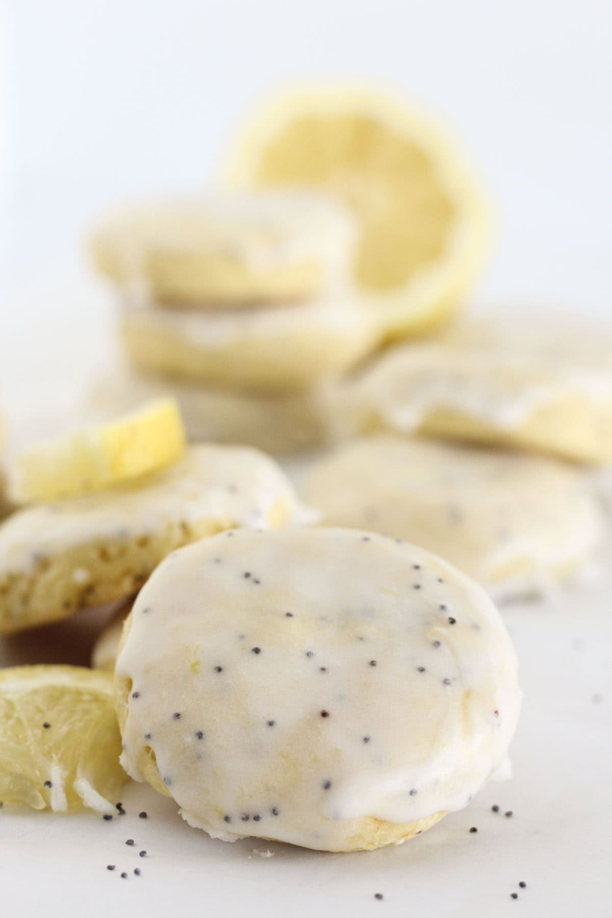 Lemon poppy seed cookies on a white tray for serving.