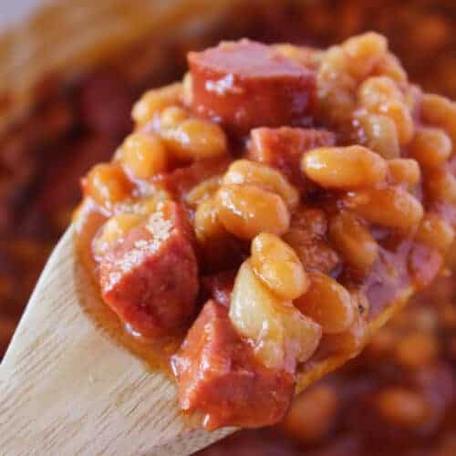 BBQ Side Dish: Smoked Sausage Baked Beans Recipe featured by top US food blogger, Practically Homemade