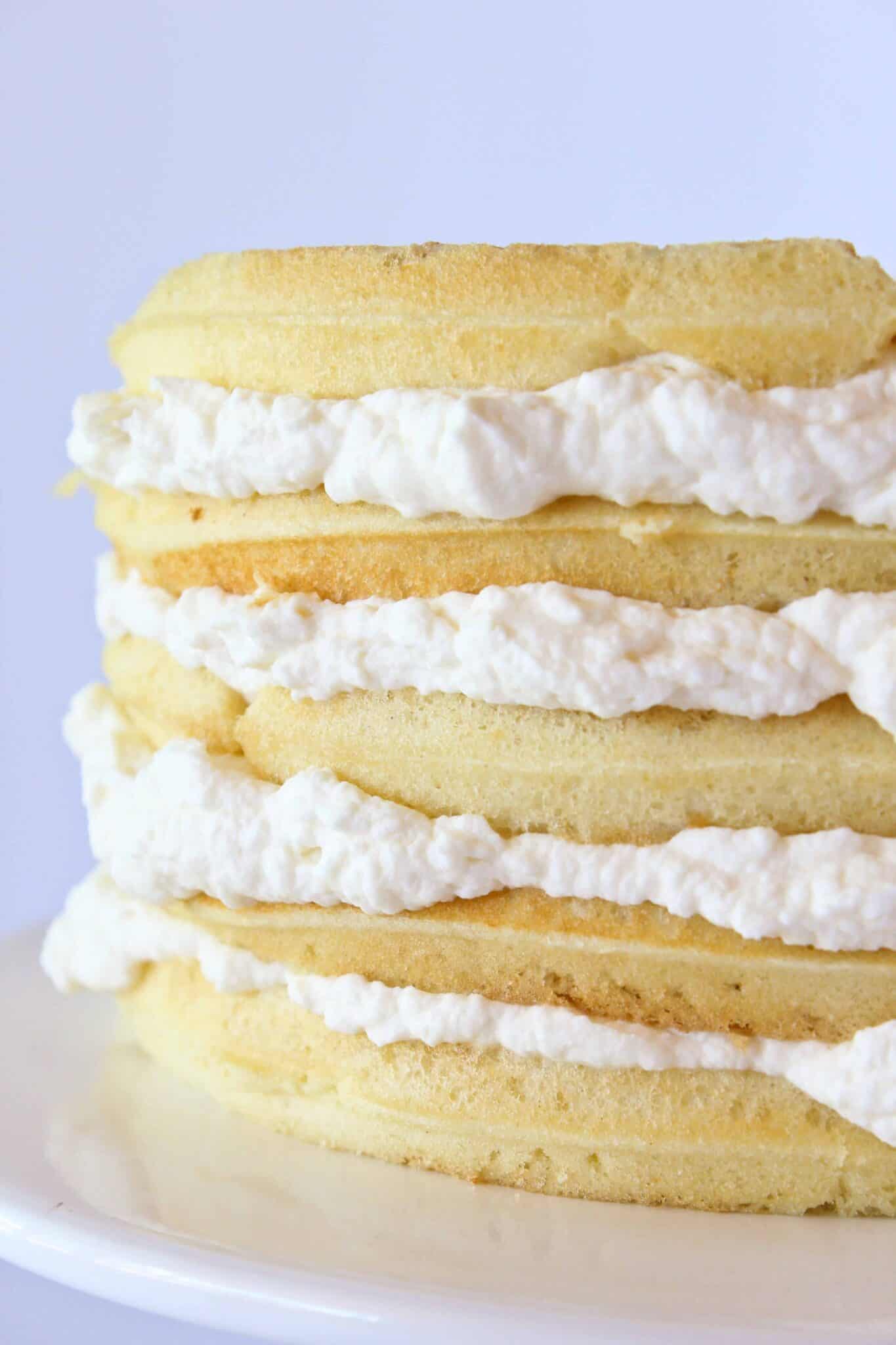 Layered Vanilla Waffle Cake Recipe featured by top US dessert blog, Practically Homemade