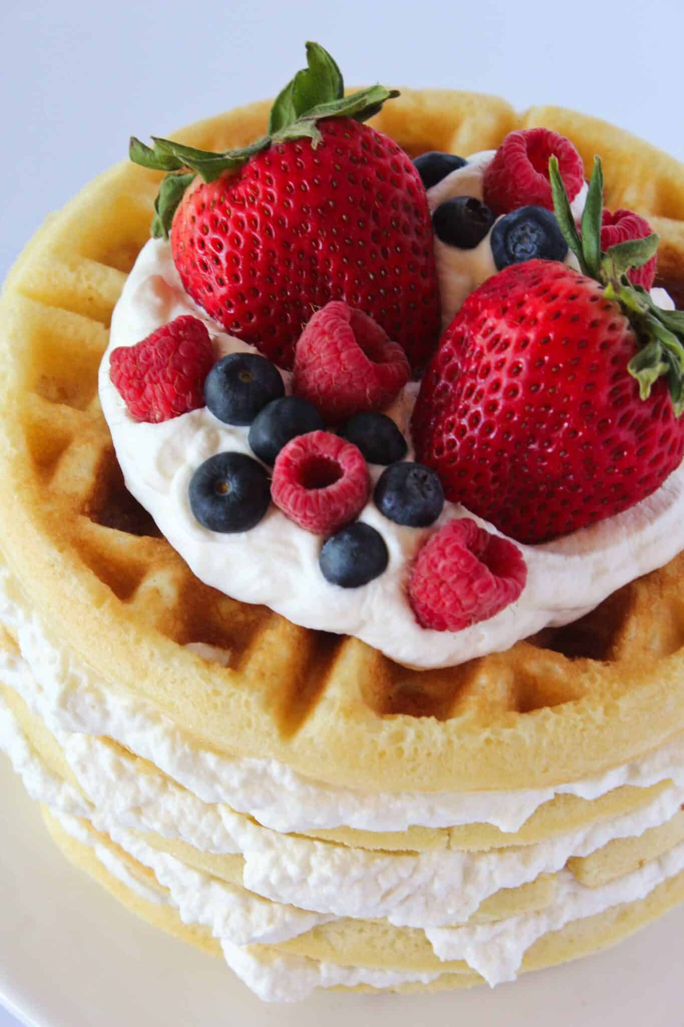 Layered Vanilla Waffle Cake Recipe featured by top US dessert blog, Practically Homemade