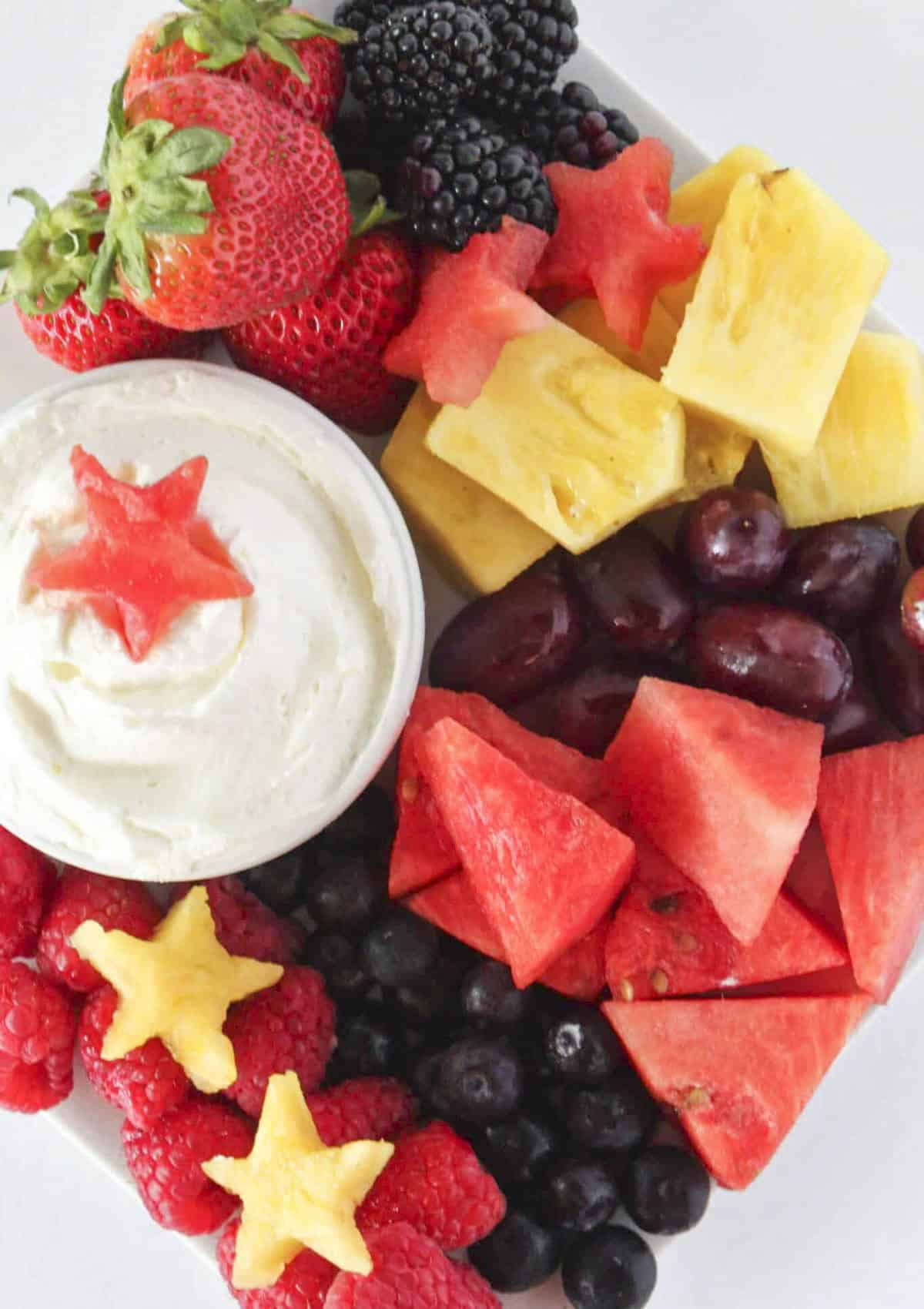 Looking down on a 4th of July fruit tray fresh fruit.
