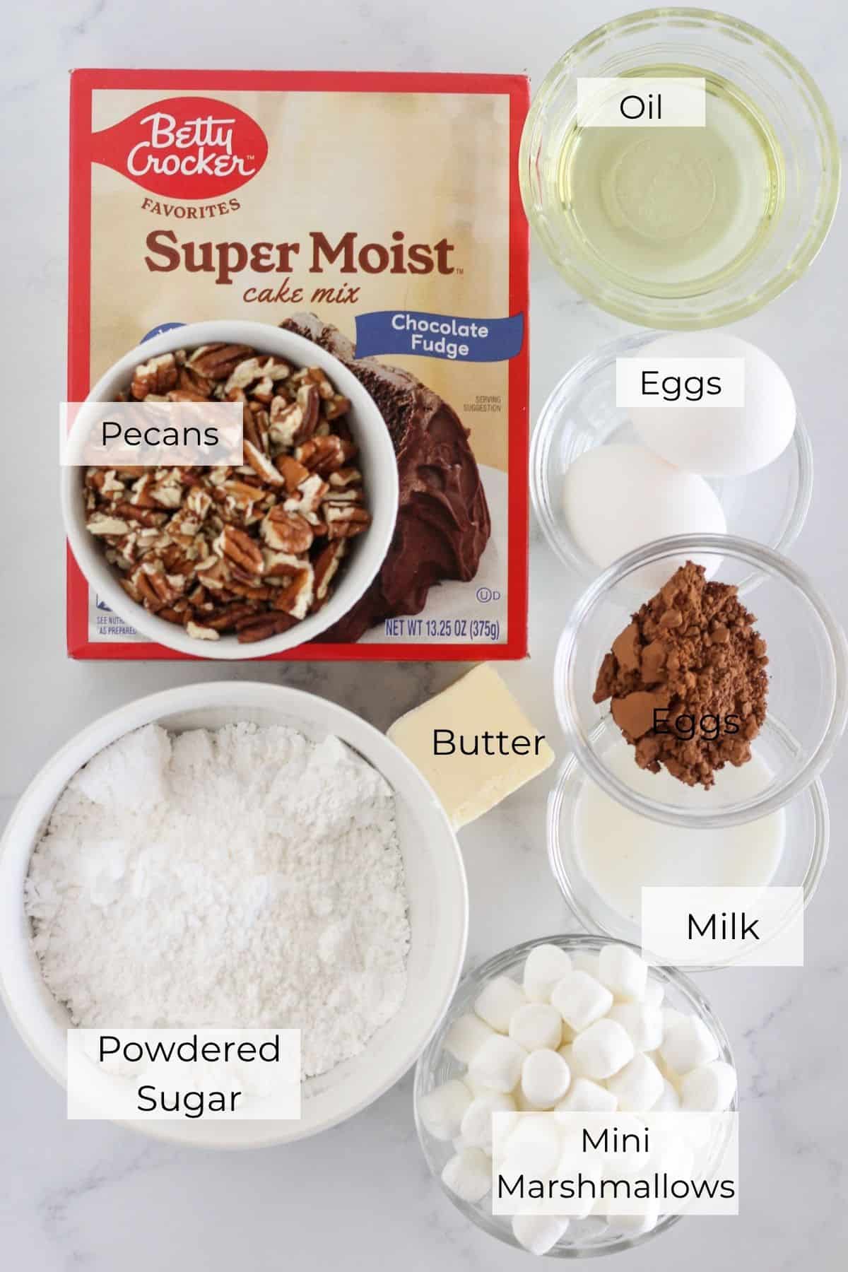 The ingredients needed to make Mississippi Mud Cookies with a cake mix.