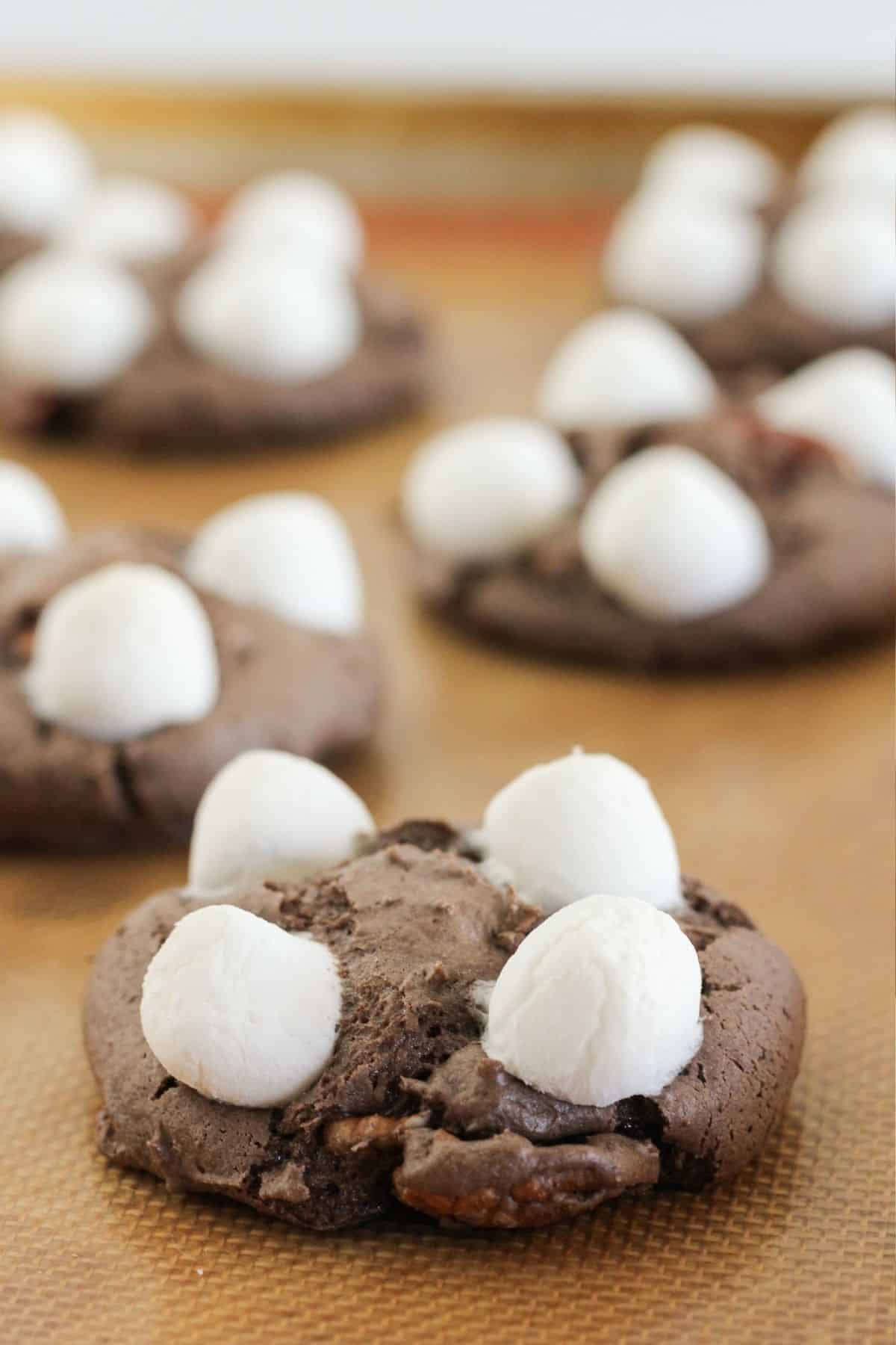 The cookies with puffed marshmallows ready to cool.