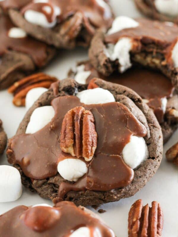 Mississippi Mud Cookies made with a cake mix and topped with a whole pecan.