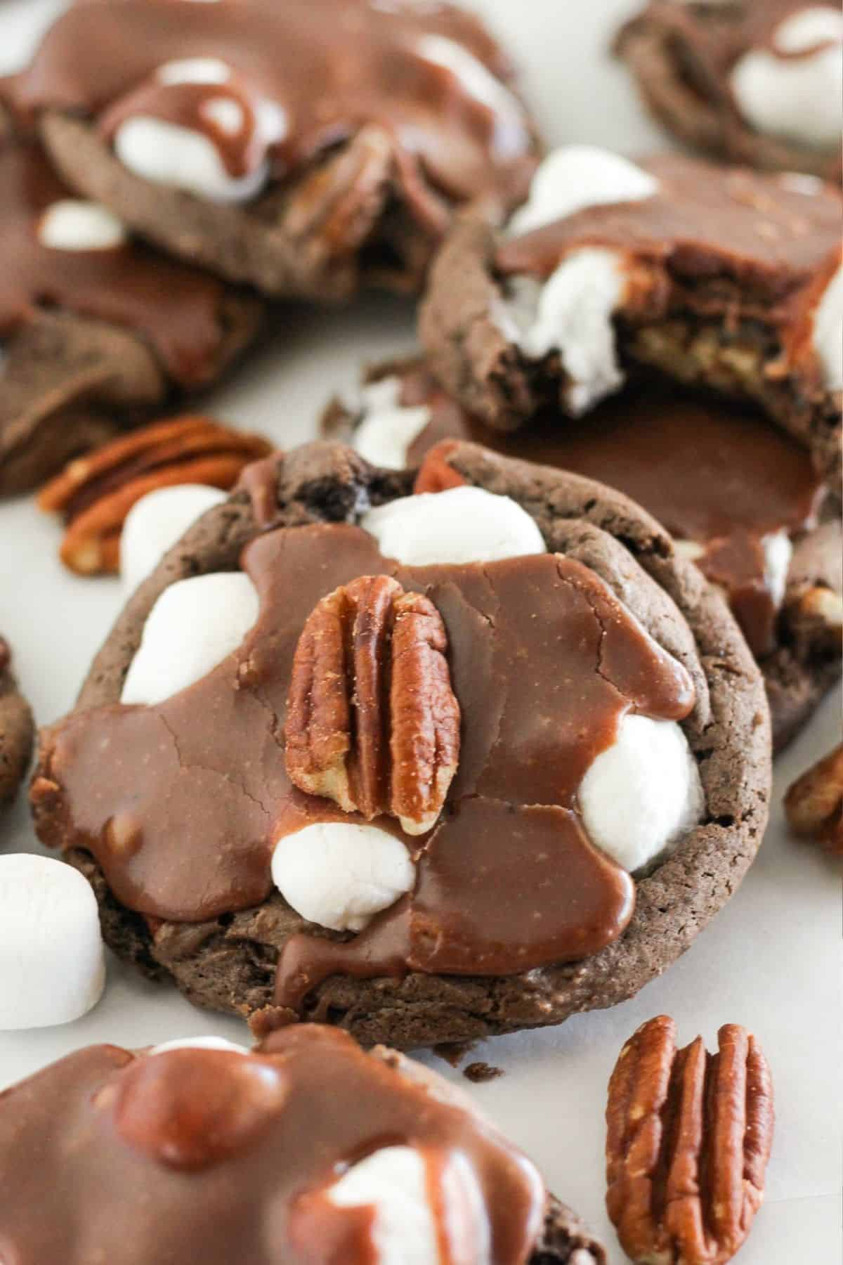 Mississippi Mud Cookies made with a cake mix and topped with a whole pecan.