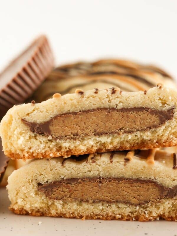 Reese's Peanut Butter Cup Stuffed Cookies with a cake mix