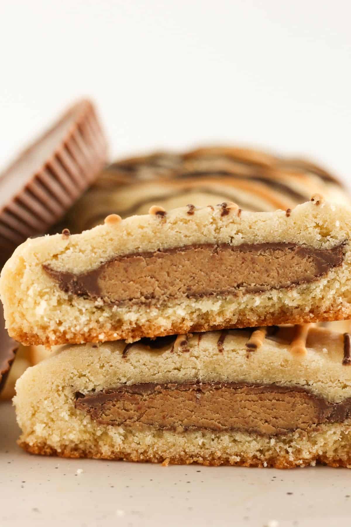 Reese's Peanut Butter Cup Stuffed Cookies with a cake mix
