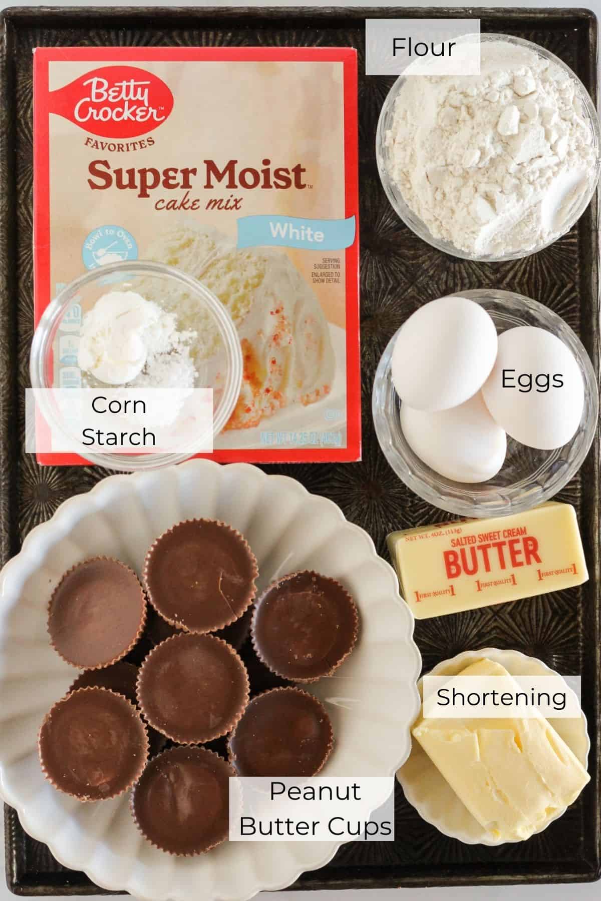 The ingredients needed to make Reeses Stuffed Cake Mix Cookies.