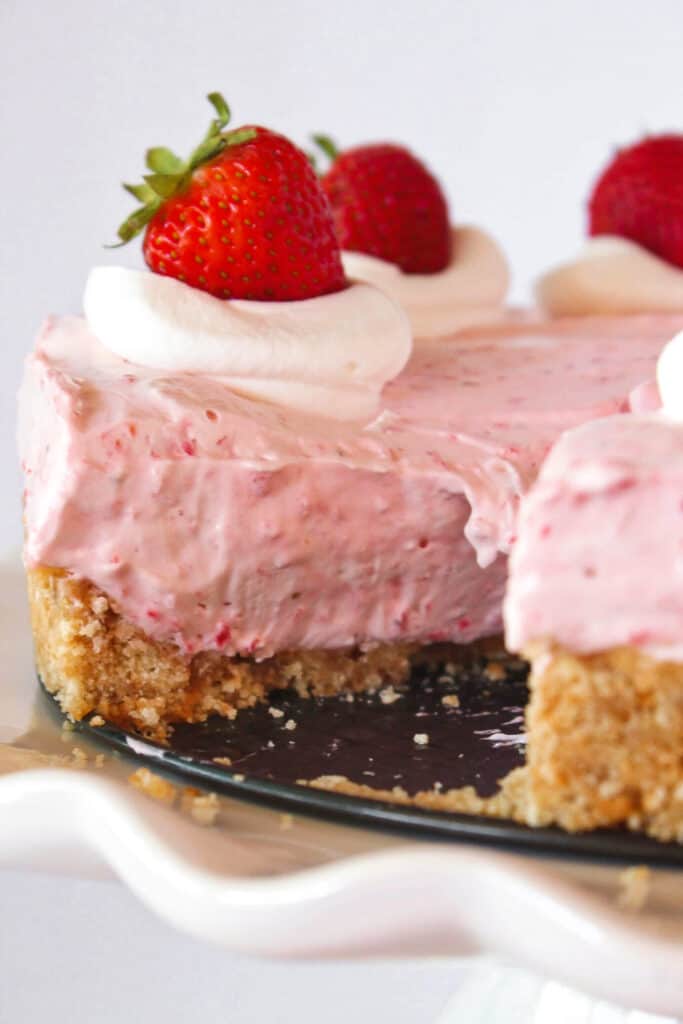 Easy No Bake Strawberry Cheesecake featured by top US dessert blogger, Practically Homemade