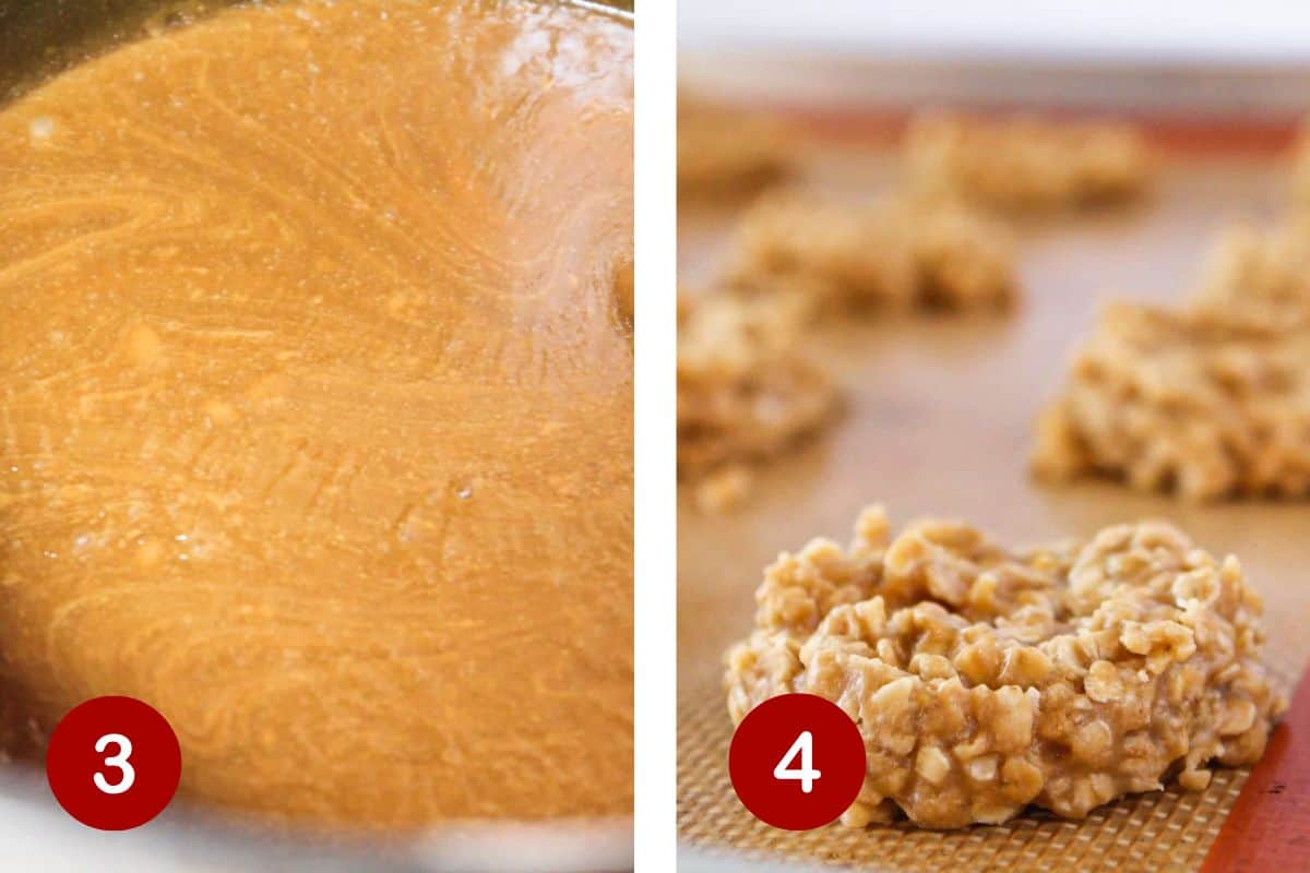 Adding the final ingredients and scooping the no bake cookie butter cookies onto a tray.