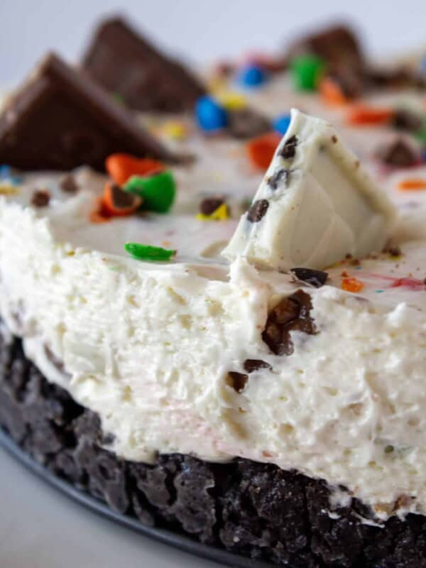 No Bake Halloween Candy Cheesecake Recipe featured by top US dessert blogger, Practically Homemade