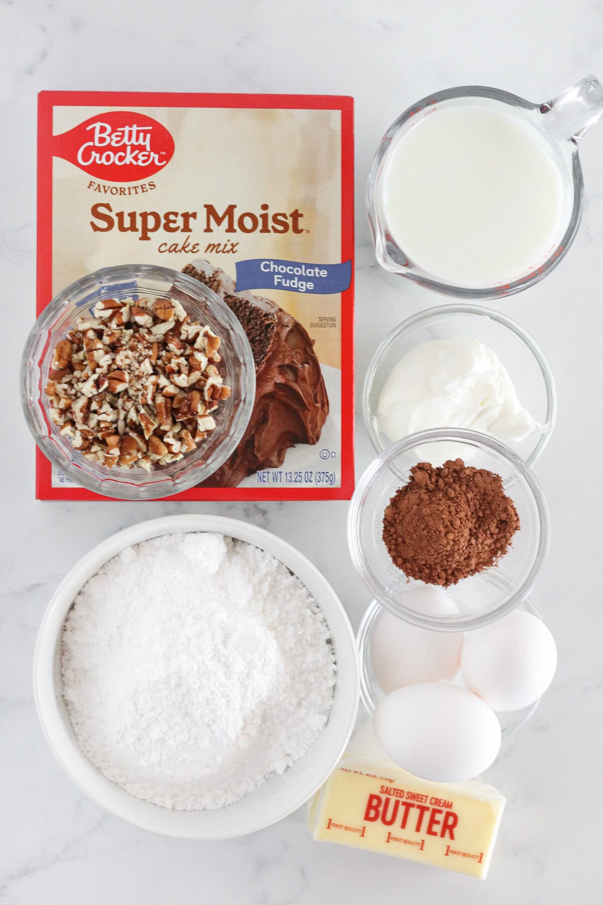 The ingredients needed to make a Texas Sheet Cake.