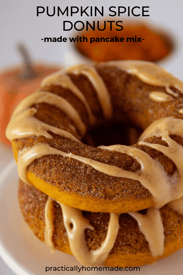 Pumpkin Spice Donuts with Pancake Mix Recipe featured by top US dessert blogger, Practically Homemade.
