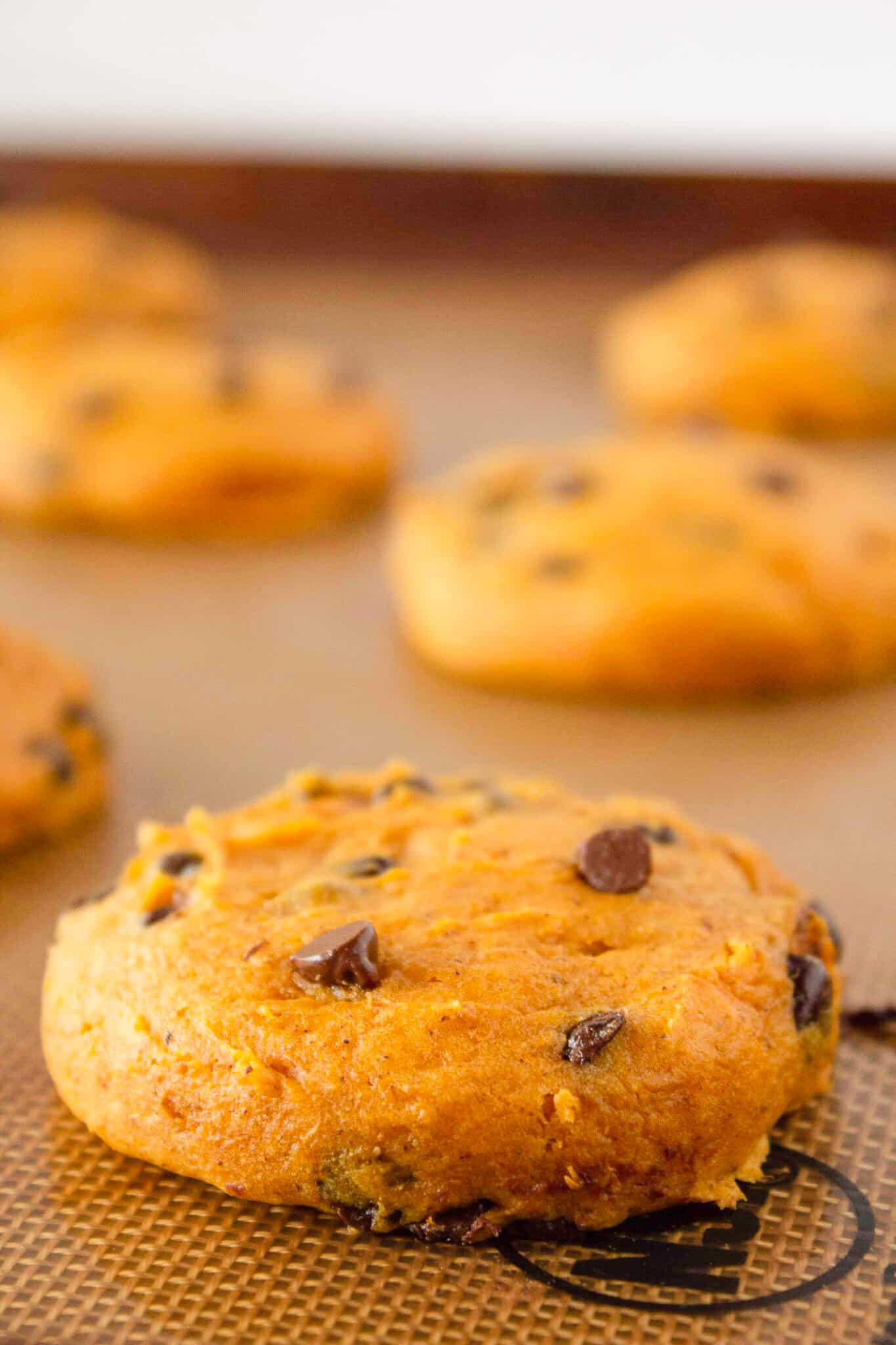 Top US cookies blogger, Practically Homemade, shares her Cake Mix Pumpkin Chocolate Chip Cookies recipe, perfect for Fall. 