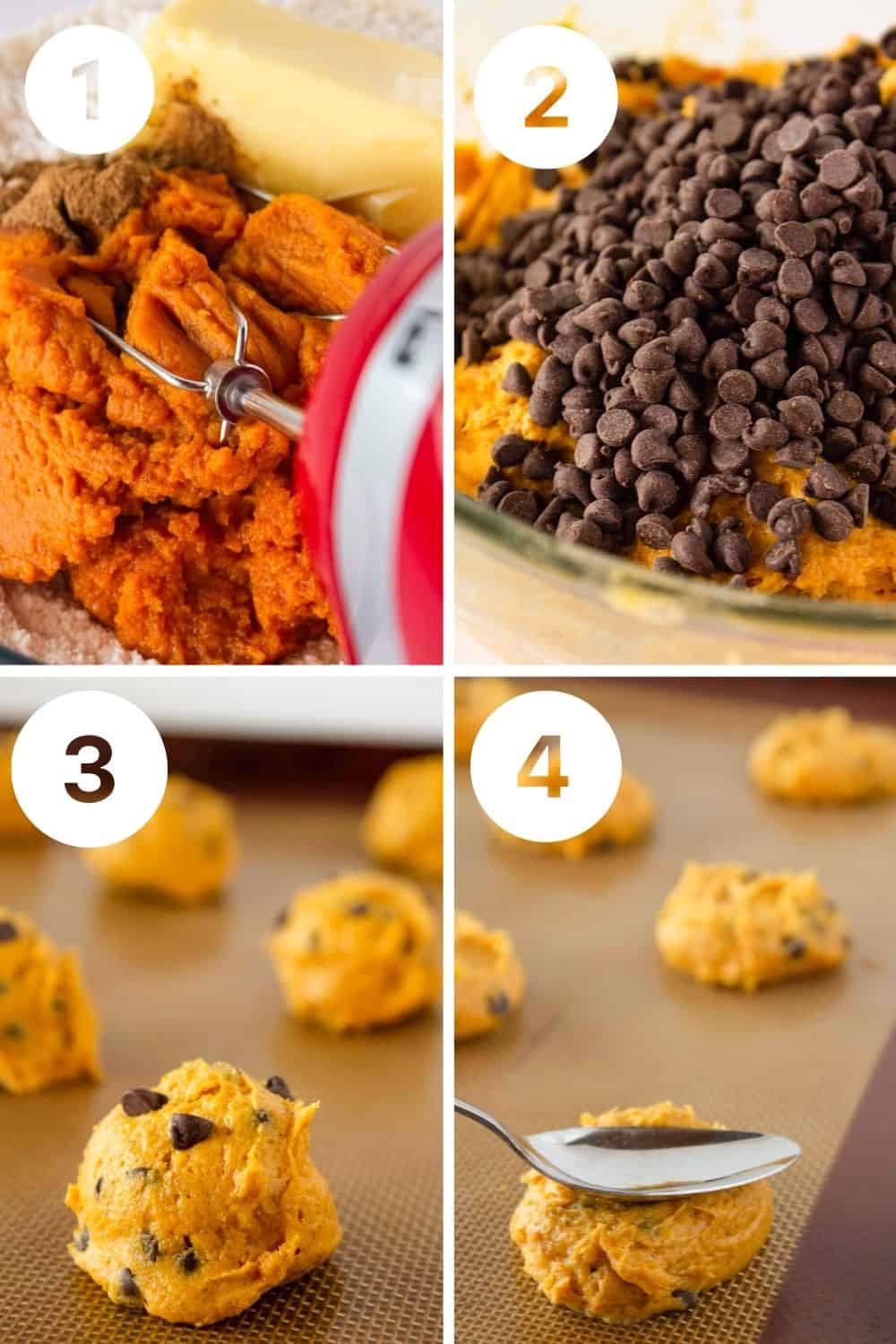 4 step by step photos showing you how to make the perfect Pumpkin Chocolate Chip Cookie.