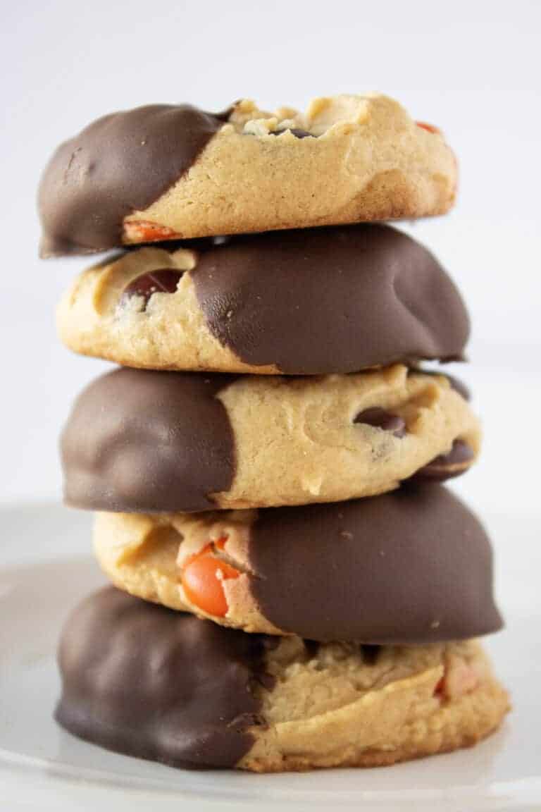 Reese’s Pieces Peanut Butter Cookies Recipe with a Cake Mix and Dipped in Chocolate