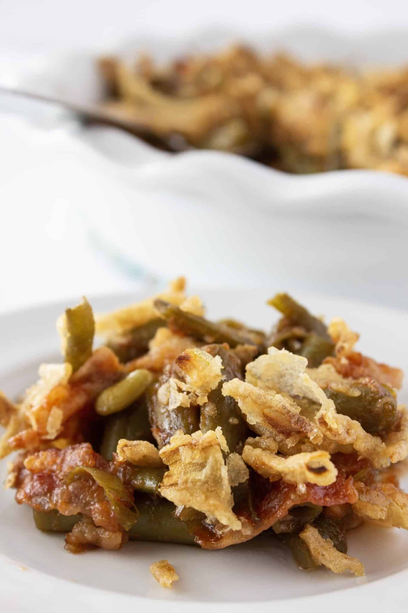 BBQ Green Bean Casserole Recipe featured by top US food blogger, Practically Homemade