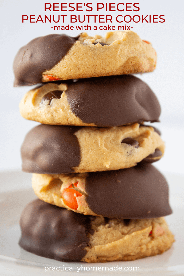 Reese's Pieces Peanut Butter Cookies Recipe with a Cake Mix and Dipped in Chocolate featured by top US cookies blogger, Practically Homemade