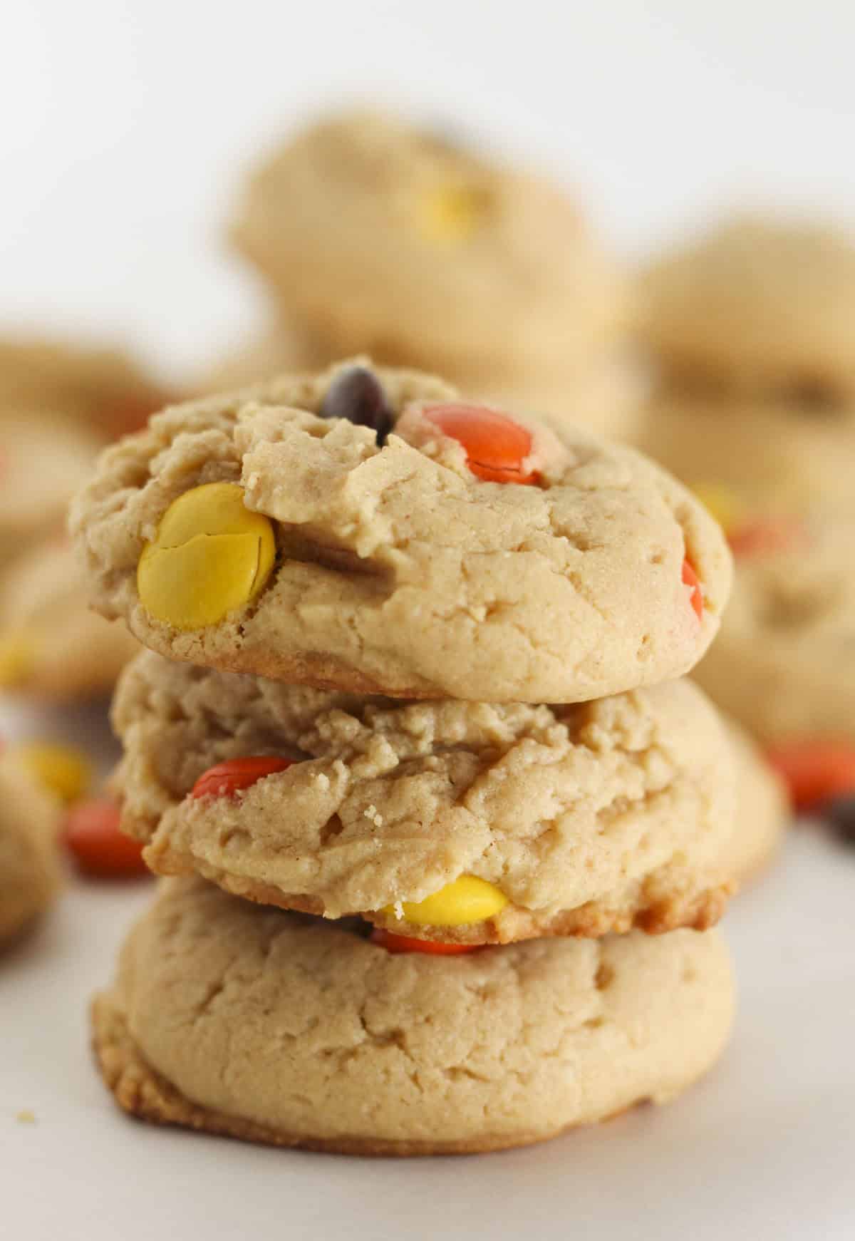 3 Reese's Pieces cookies stacked on each other.