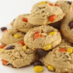 Reese's Pieces cookies on a plate for serving.
