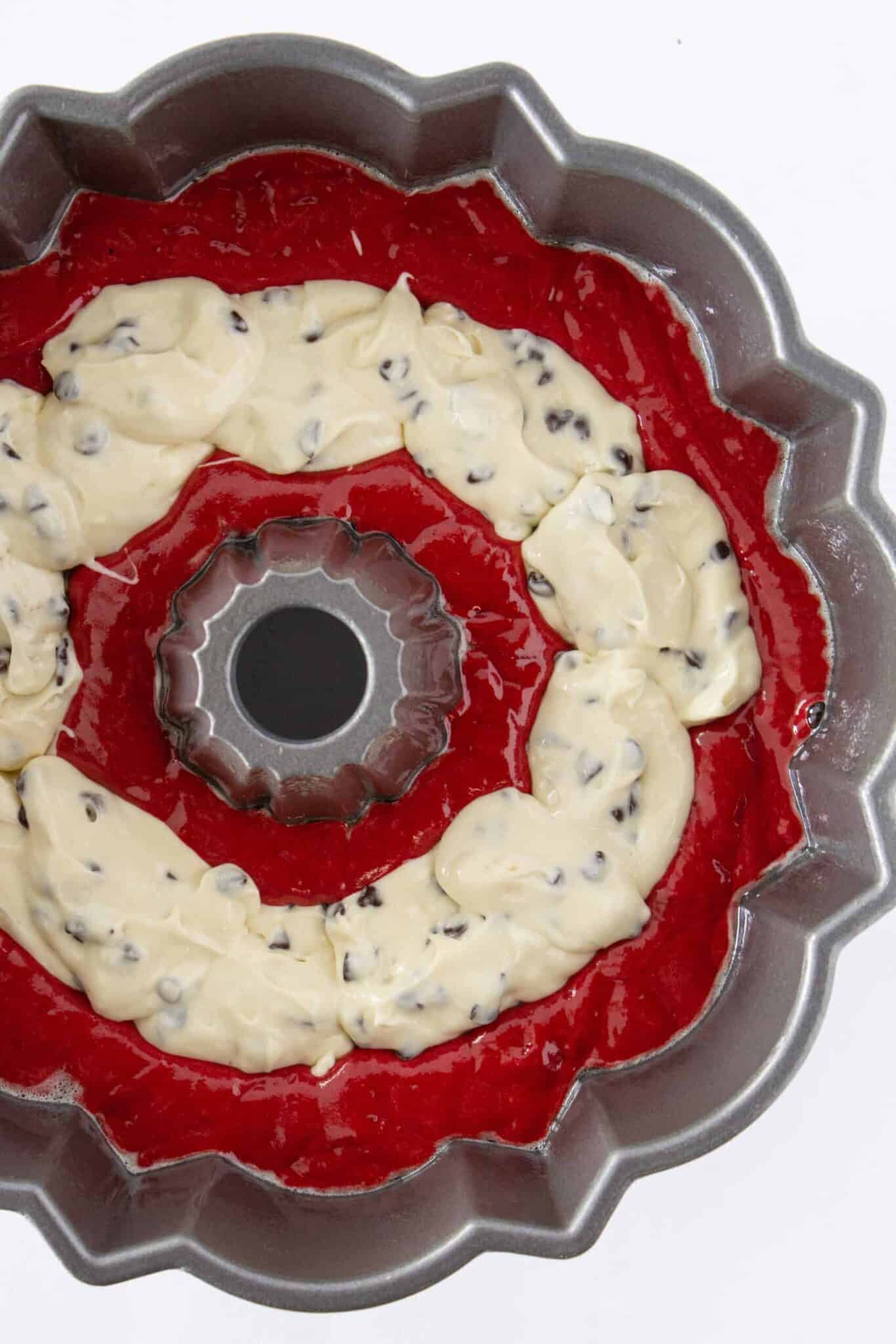 Making the cheesecake filling and adding it to the cake batter.