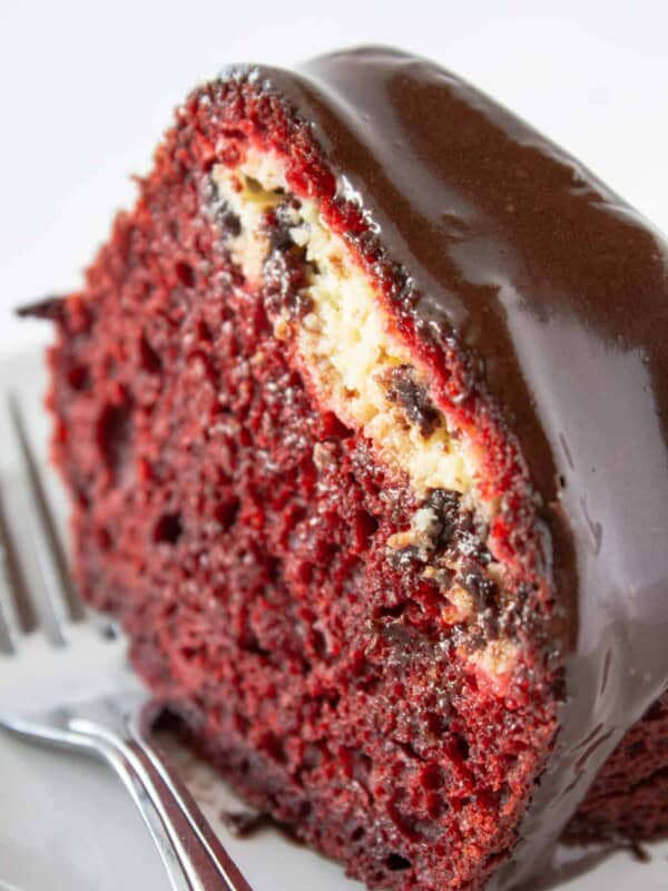 Red Velvet Bundt Cake Recipe with Cake Mix featured by top US dessert blogger, Practically Homemade