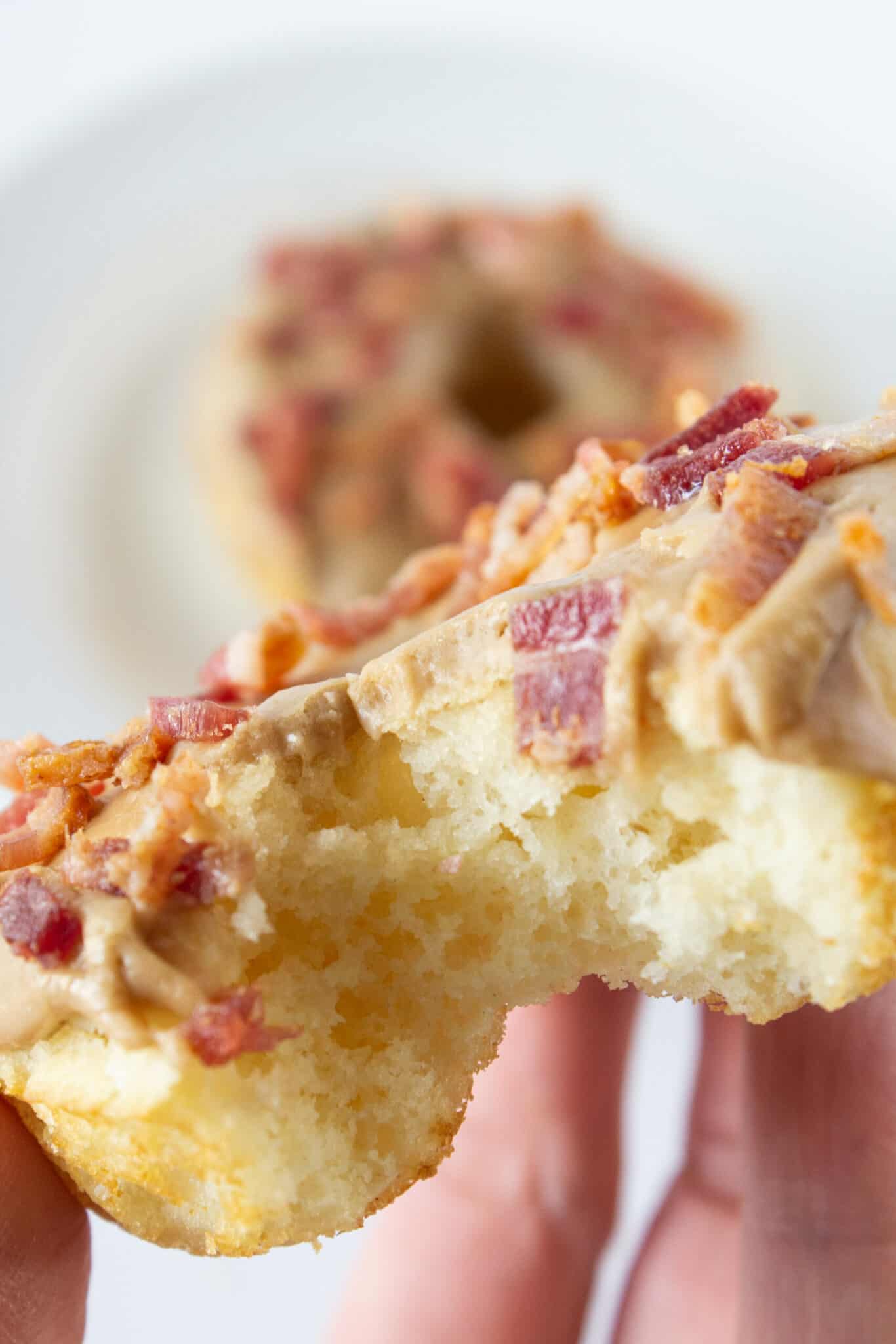 Maple Bacon Donut Recipe with Pancake Mix featured by top US food blogger, Practically Homemade