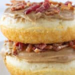 Maple Bacon Donut Recipe with Pancake Mix featured by top US food blogger, Practically Homemade