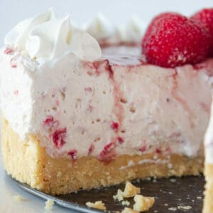 Easy No Bake Raspberry Cheesecake Recipe featured by top US dessert blogger, Practically Homemade
