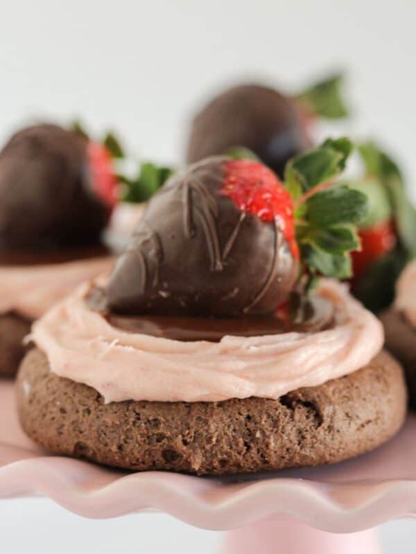 Chocolate covered strawberry cookies with strawberry buttercream.