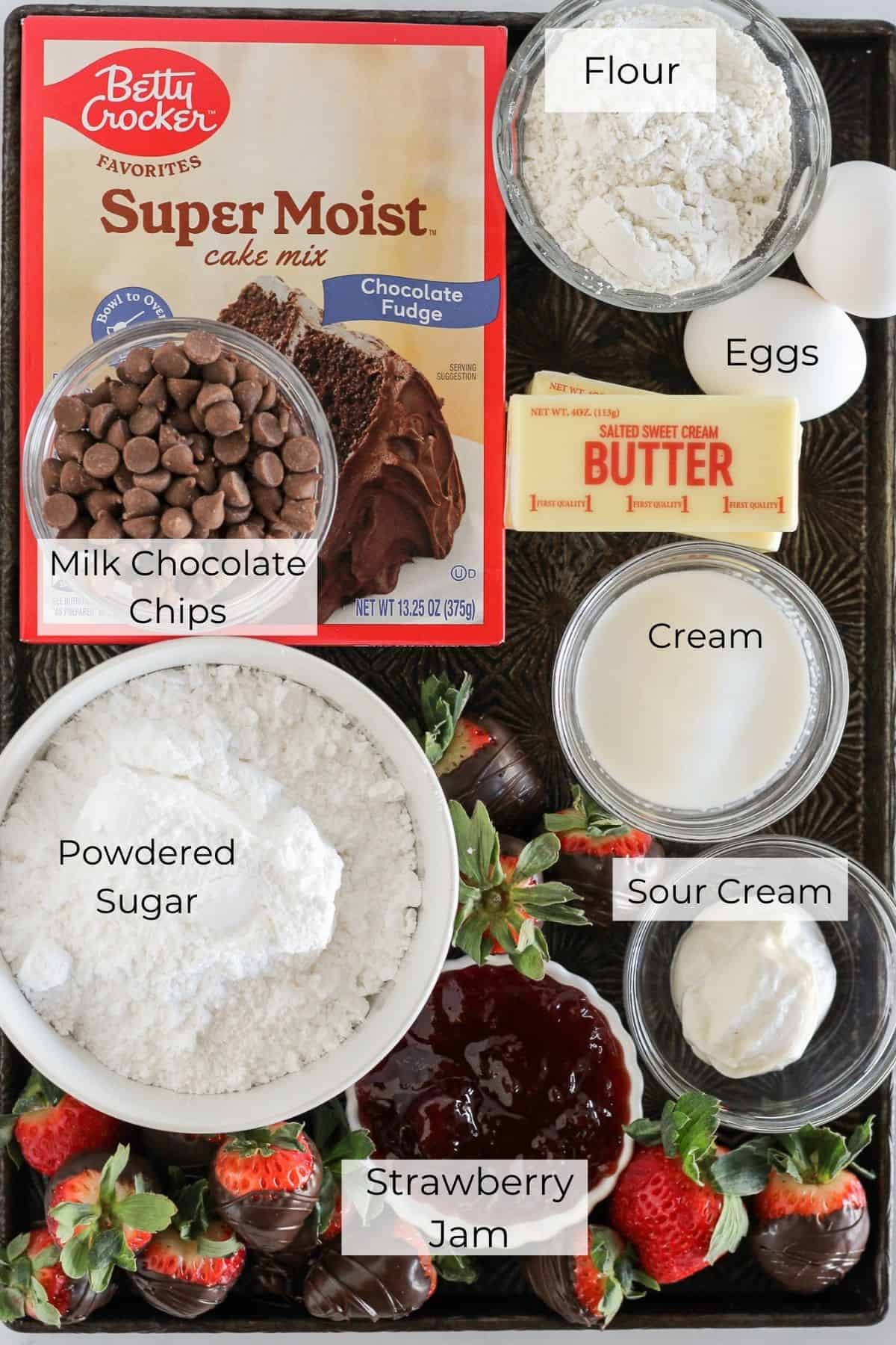 The ingredients needed to make chocolate covered strawberry cookies.
