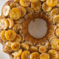 A fresh banana upside down cake before cutting into slices.