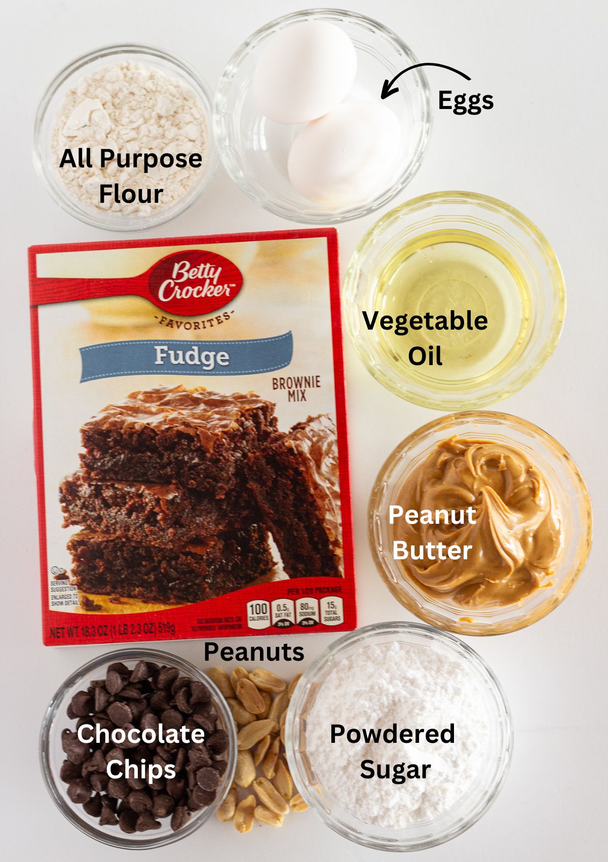 Photo of all of the ingredients needed to make a batch of Buckeye Brownie Cookies.