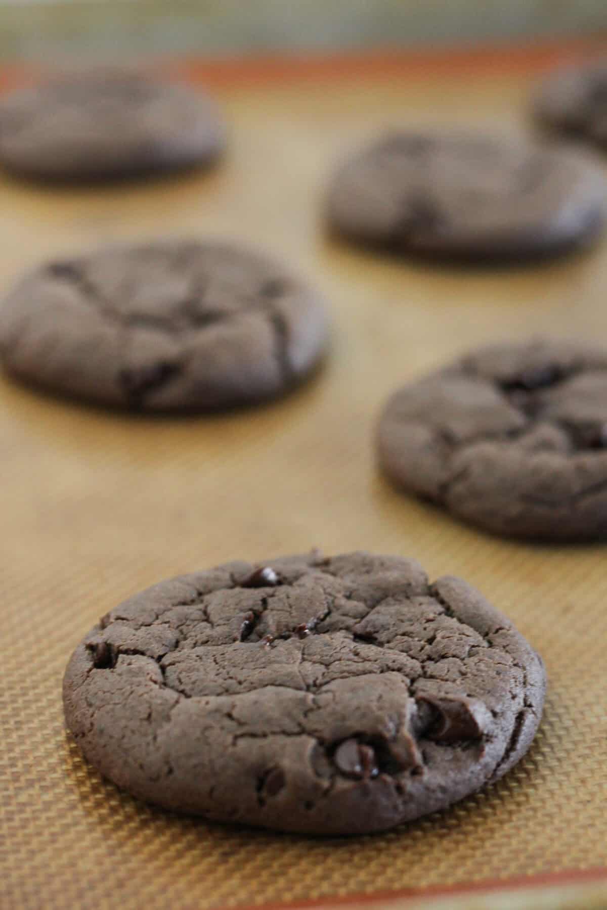 Baked chocolate espresso cookies on a baking sheet.