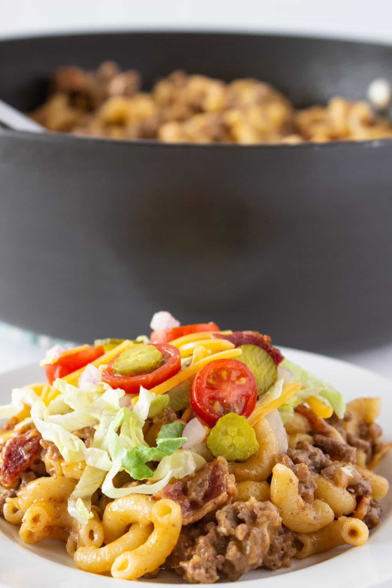 A serving of bacon cheeseburger pasta skillet.