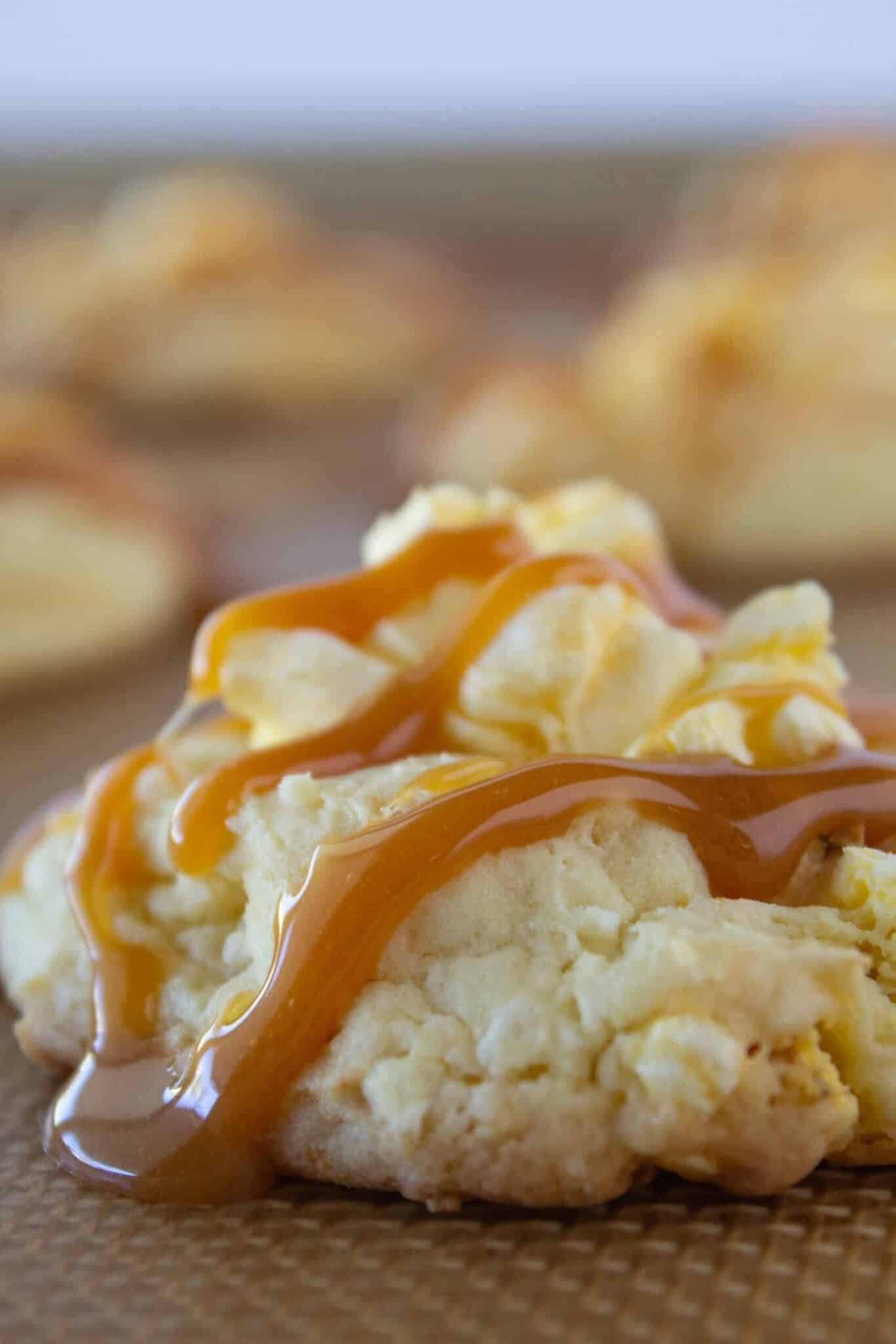 Finishing the Caramel Corn Cookies with caramel sauce.