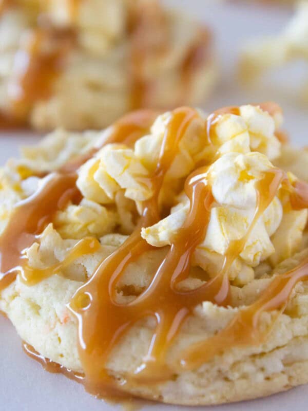 Caramel Corn Cookies Recipe made with a cake mix featured by top US cookie blogger, Practically Homemade