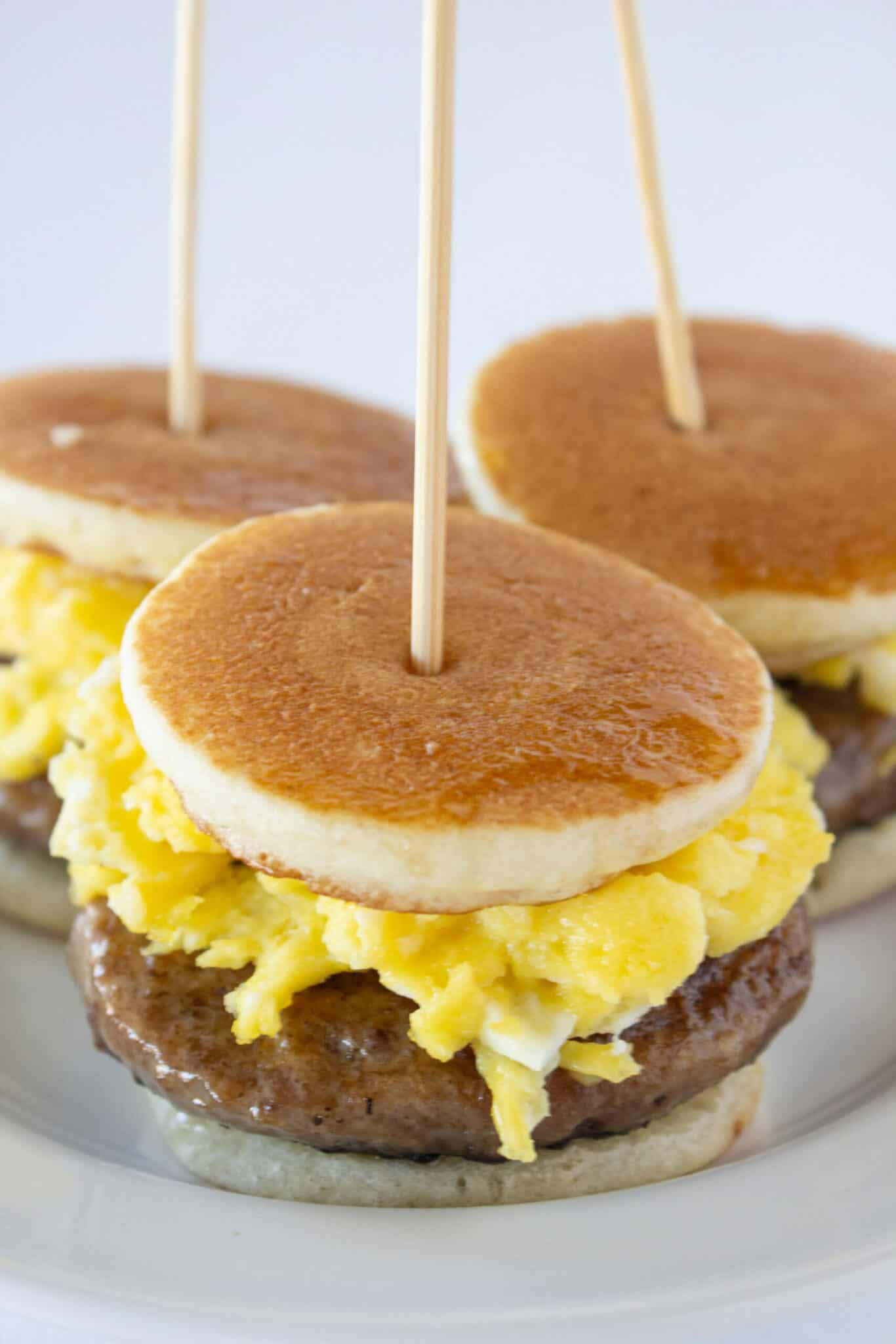 Pancake Sausage and Egg Sliders recipe featured by top US food blogger, Practically Homemade