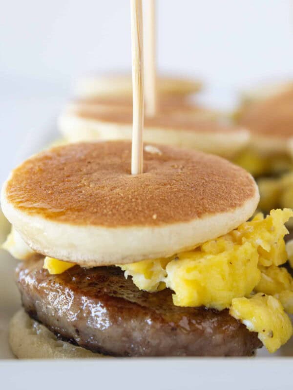 Pancake Sausage and Egg Sliders recipe featured by top US food blogger, Practically Homemade