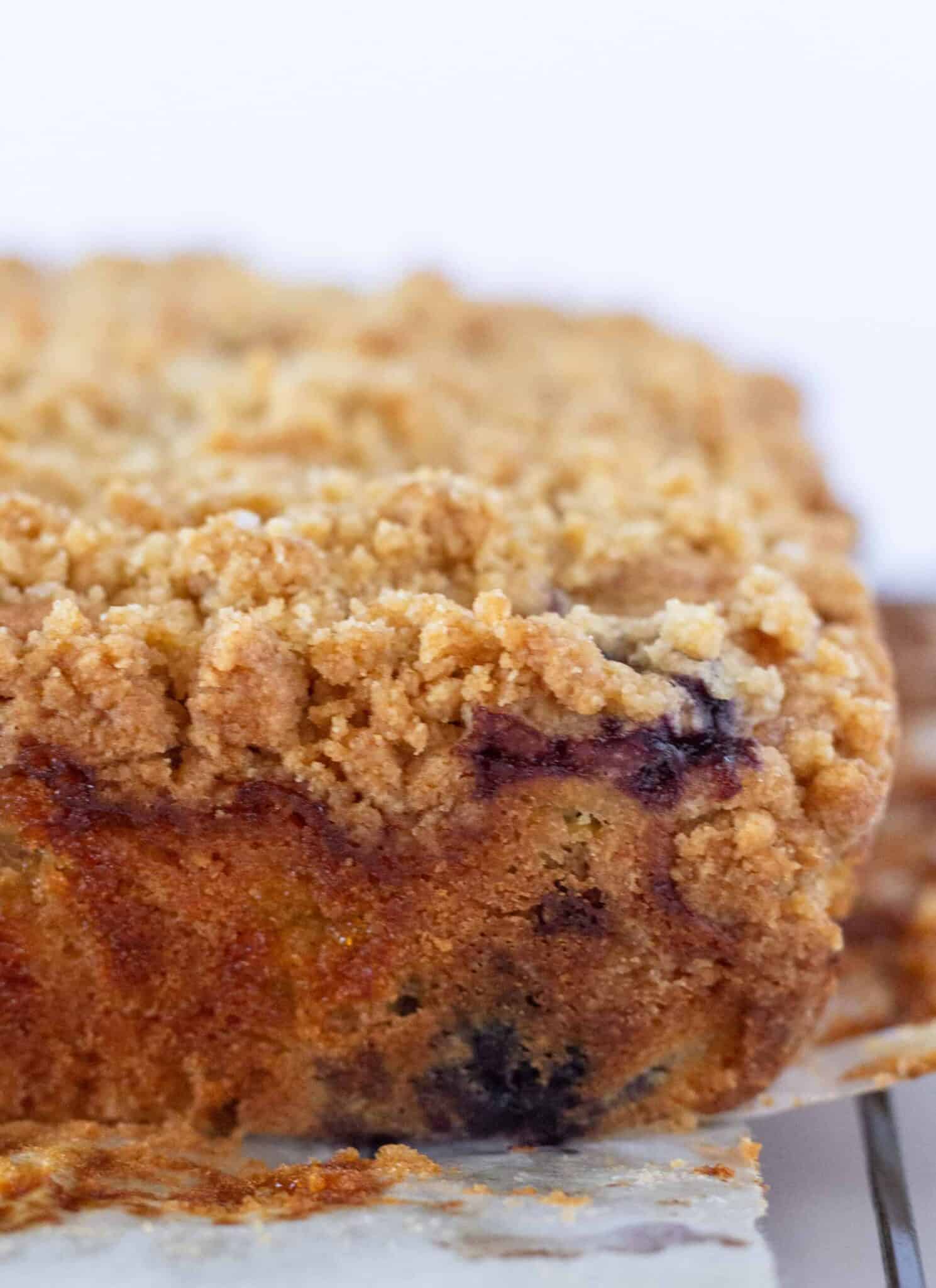 Easy Lemon Blueberry Crumb Cake with Sour Cream out of the baking pan and ready to serve.