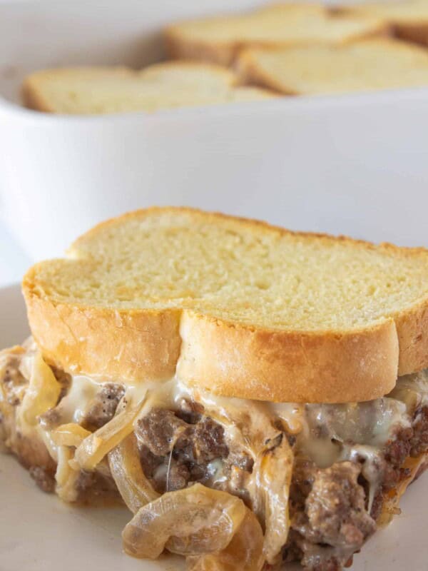 Classic Patty Melt Casserole Recipe featured by top US food blogger, Practically Homemade