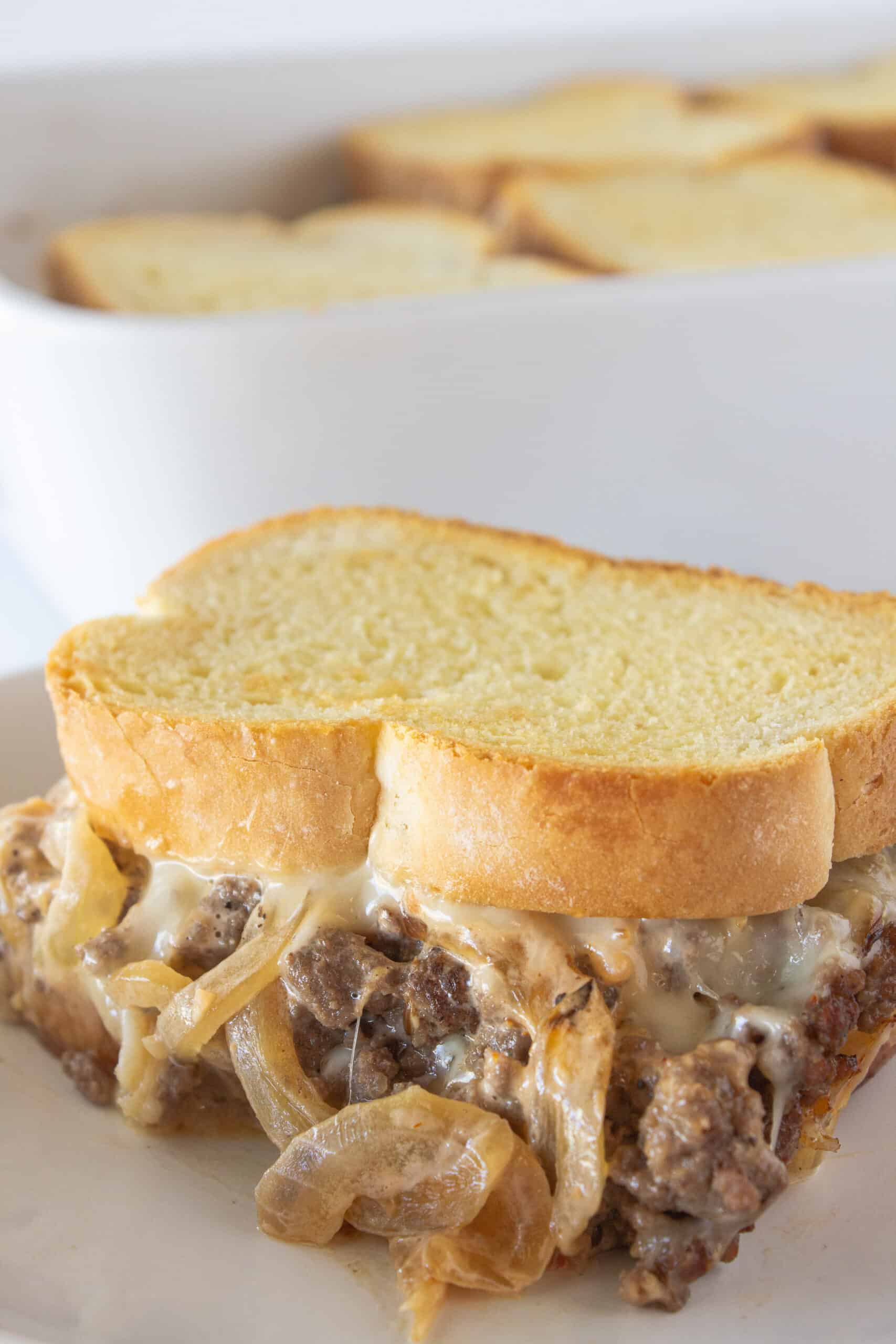 Classic Patty Melt Casserole Recipe featured by top US food blogger, Practically Homemade